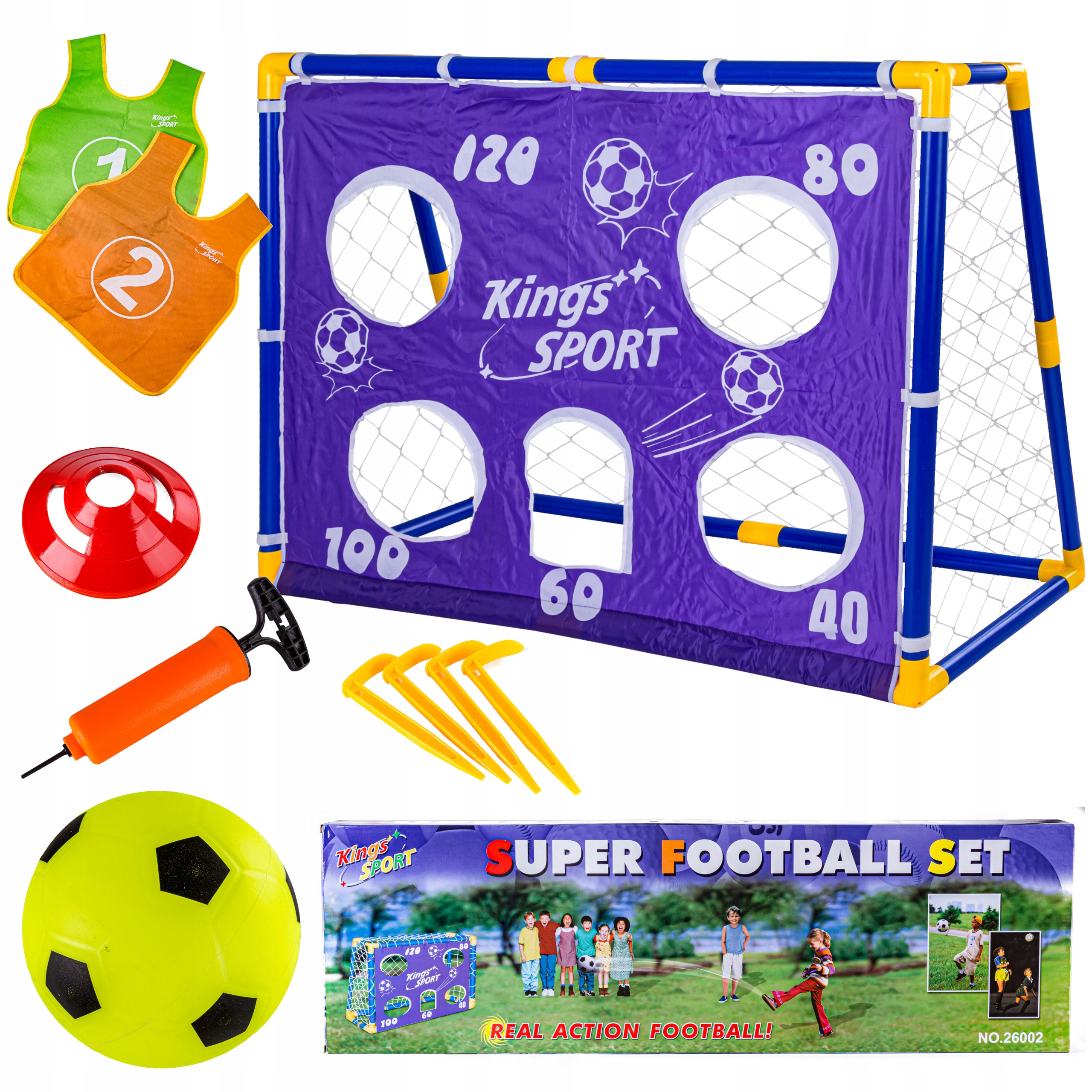 Šablóna bránky pre futbalové hry, pumpy, ihlové lopty, kužele, vesty